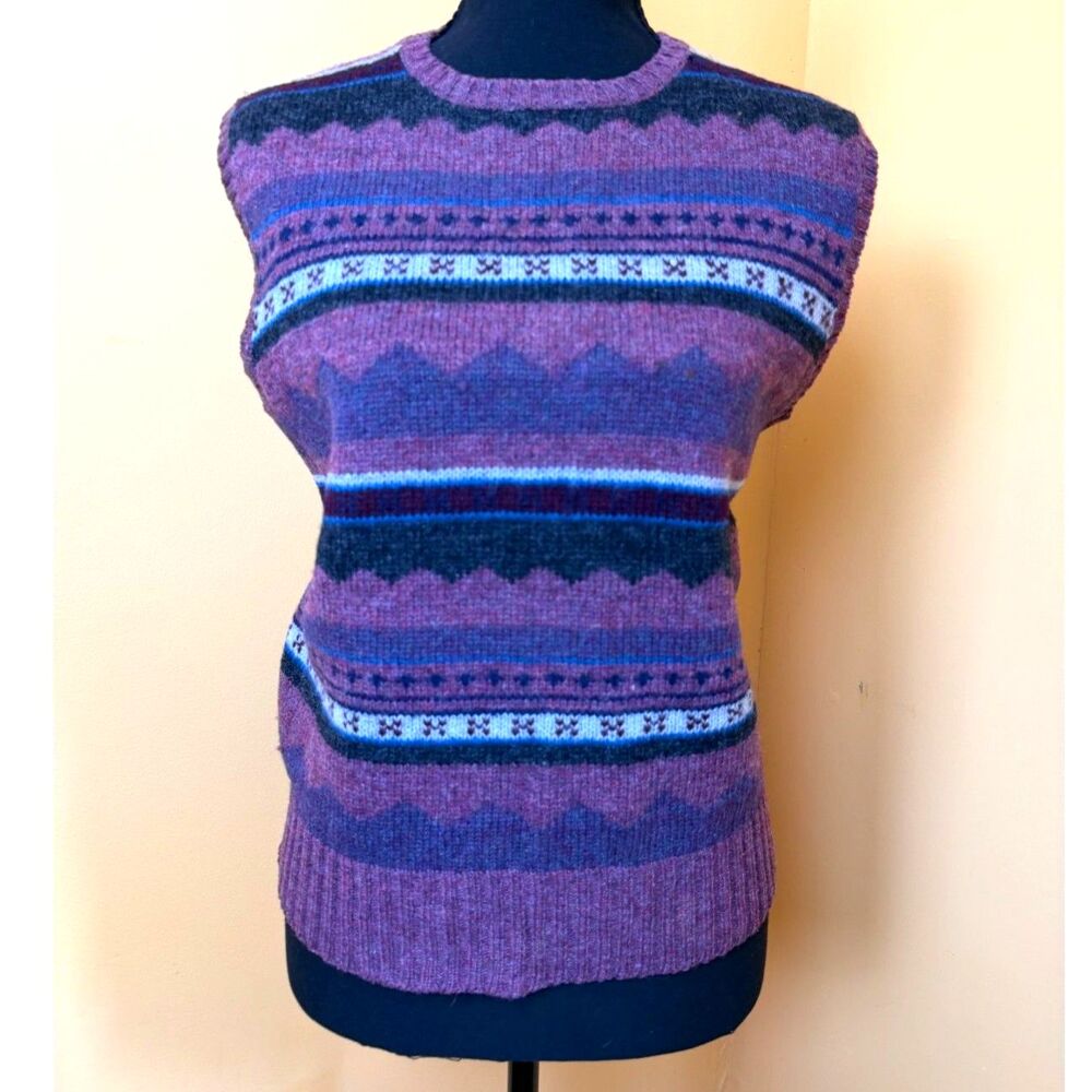 Vtg 90s Hunting Horn Wool Knit Fair Isle Sweater Vest Crewneck Purple Geometric